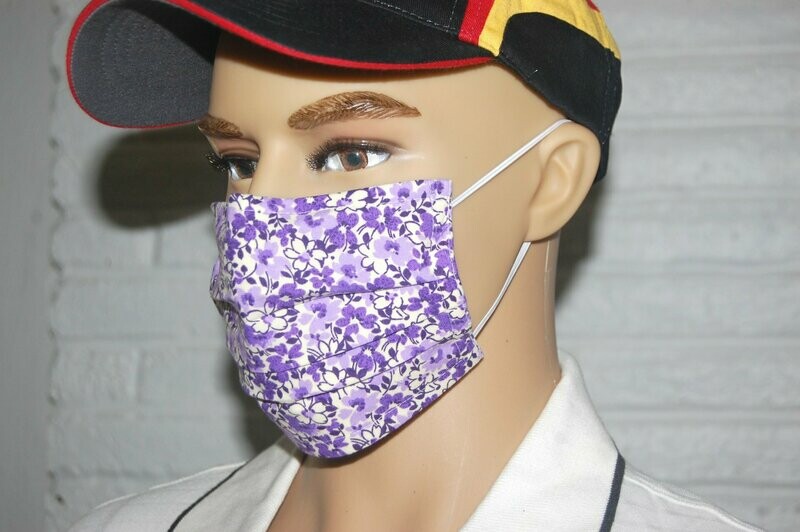 3 Layer Handcrafted - Environmentally friendly Reusable 100% Cotton Face Mask  purple "FLOWER"