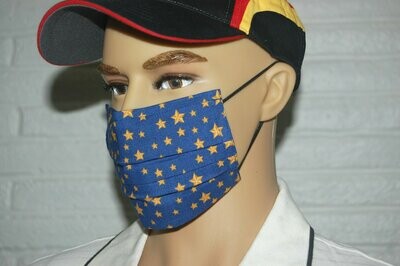 3 Layer Handcrafted - Environmentally friendly Reusable 100% Cotton Face Mask blue with "GOLD STARS"