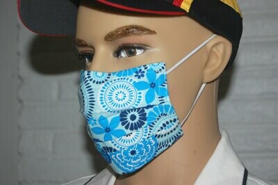 3 Layer Handcrafted - Environmentally friendly Reusable 100% Cotton Face Mask blue "ART FLOWERS"
