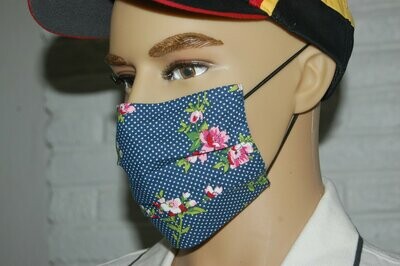 3 Layer Handcrafted - Environmentally friendly Reusable 100% Cotton Face Mask blue with "FLOWERS"
