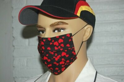 3 Layer Handcrafted - Environmentally friendly Reusable 100% Cotton Face Mask black with " red HEARTS"