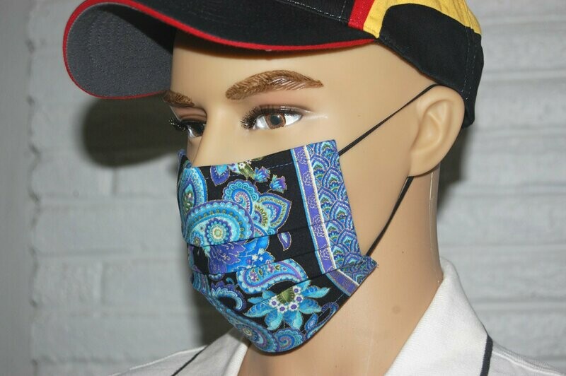 3 Layer Handcrafted - Environmentally friendly Reusable 100% Cotton Face Mask  Black/Blue "PAISLEY"