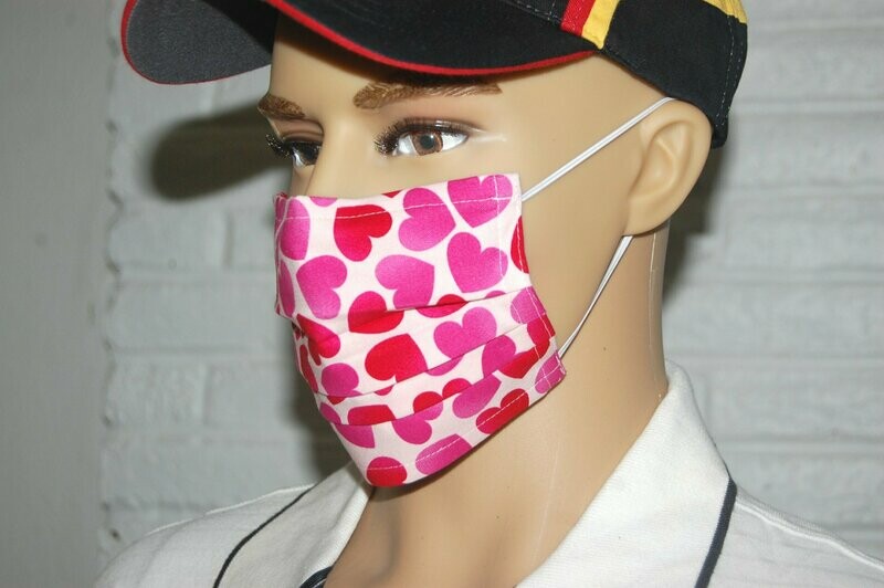 3 Layer Handcrafted - Environmentally friendly Reusable 100% Cotton Face Mask  white with "red HEARTS"