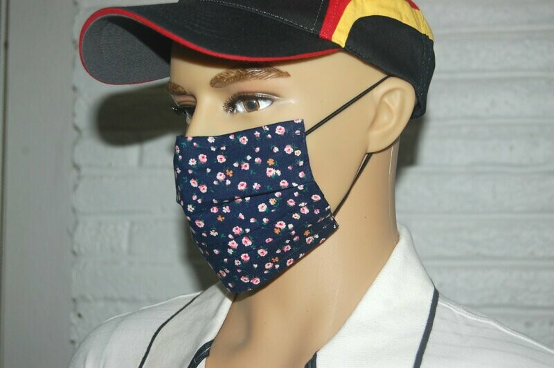 3 Layer Handcrafted - Environmentally friendly Reusable 100% Cotton Face Mask  dark blue "little Roses"