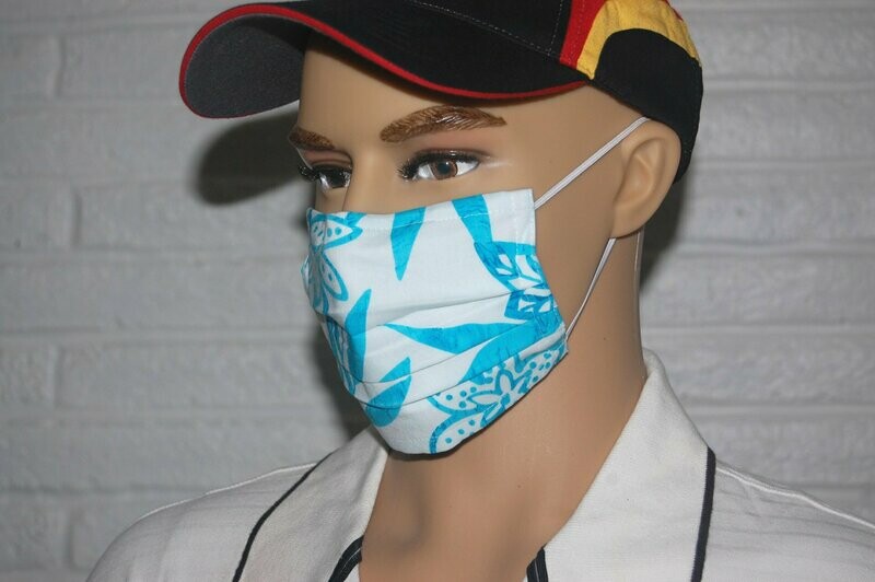 3 Layer Handcrafted - Environmentally friendly Reusable 100% Cotton Face Mask  white with turquoise "FLOWERS"