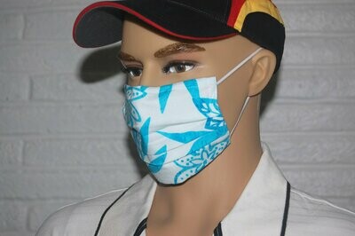 3 Layer Handcrafted - Environmentally friendly Reusable 100% Cotton Face Mask white with turquoise "FLOWERS"