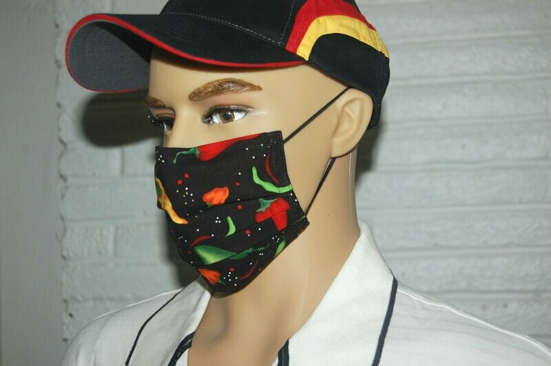 3 Layer Handcrafted - Environmentally friendly Reusable 100% Cotton Face Mask  black with "Chili Peppers"