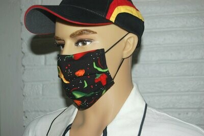 3 Layer Handcrafted - Environmentally friendly Reusable 100% Cotton Face Mask black with "Chili Peppers"