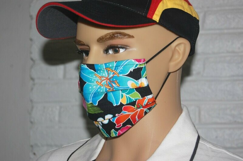 3 Layer Handcrafted - Environmentally friendly Reusable 100% Cotton Face Mask  black with "tropical Flowers"