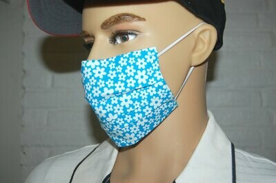 3 Layer Handcrafted - Environmentally friendly Reusable 100% Cotton Face Mask light blue"White FLOWERs"