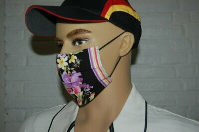 3 Layer Handcrafted - Environmentally friendly Reusable 100% Cotton Face Mask dark "Flower with edging"