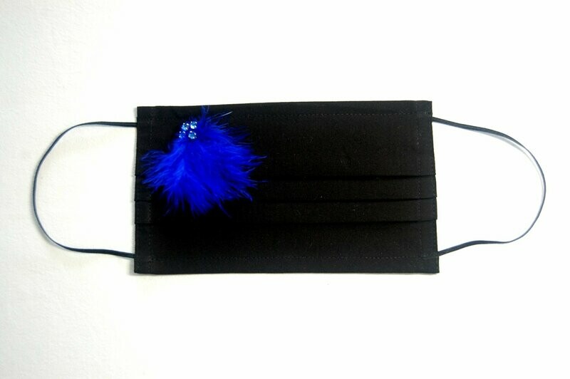Luxurious Face Mask  3 Layer Handcrafted - Environmentally friendly Reusable 100% Cotton black with "blue feather and 4 rhinestones "