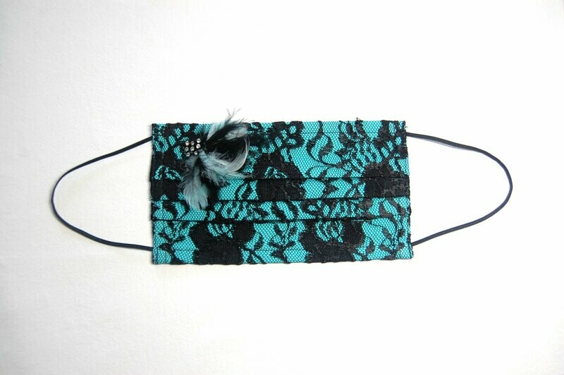 Luxurious Face Mask  3 Layer Handcrafted - Environmentally friendly Reusable 100% Cotton turquoise with feather, rhinestones and black LACE