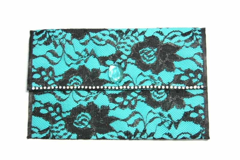 Mask PURSE for  1 up to 4 "FA" Face Masks Model turquoise, rhinestones with black "LACE"