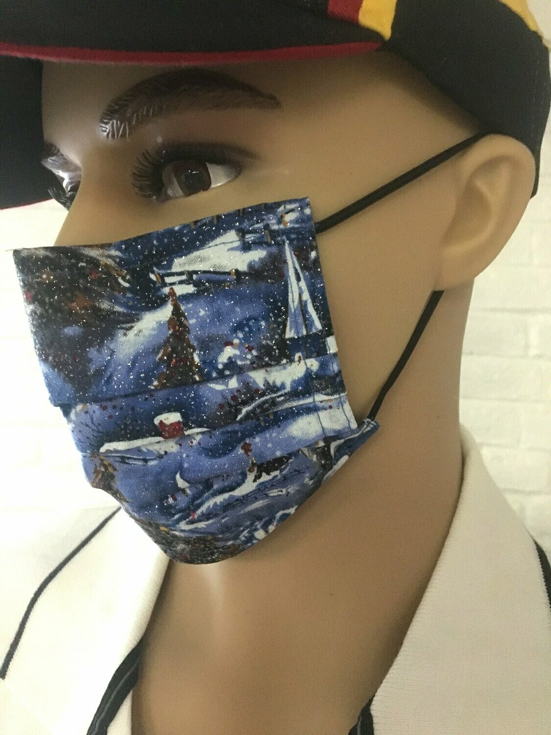 3 Layer Handcrafted - Environmentally friendly Reusable 100% Cotton Face Mask "Winter scene with glitter"