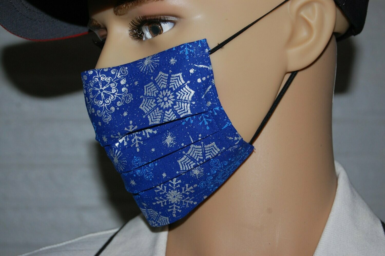 3 Layer Handcrafted - Environmentally friendly Reusable 100% Cotton Face Mask "Blue | Silver snow with glitter"