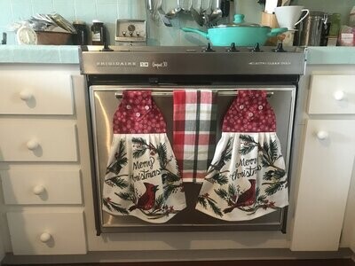 2 beautiful *Merry Christmas* tie kitchen towels and one hand kitchen towel