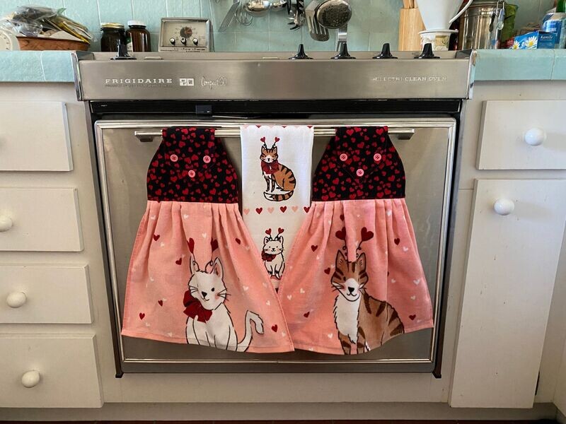 2 beautiful *My Kitty Valentine's Day* tie kitchen towel and one hand kitchen towel