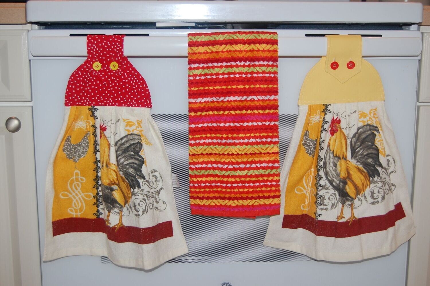 2 beautiful *royal Red & Yellow rooster* kitchen towel and one hand kitchen towel