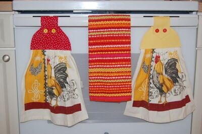 2 beautiful *royal Red & Yellow rooster* kitchen towel and one hand kitchen towel