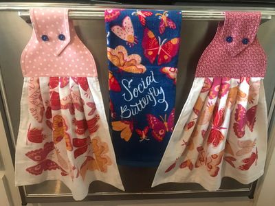 2 beautiful *Social Butterfly* tie kitchen towels and one hand kitchen towel