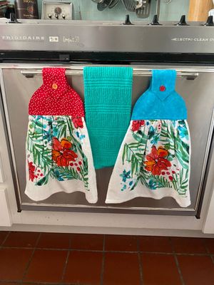 2 beautiful *Tropical Hibiscus* tie kitchen towels and one hand kitchen towel