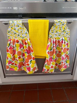 2 beautiful *Fruit Cocktail* tie kitchen towels and one hand kitchen towel
