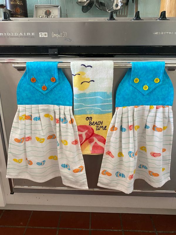 2 beautiful *On Beach time* tie kitchen towels and one hand kitchen towel