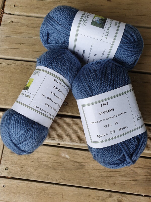 Commercially dyed Denim balls. 8 ply.