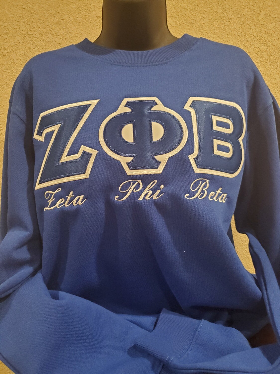 (Royal Blue) Zeta Phi Beta Embroidered Twill Letter Crew Neck Sweatshirt