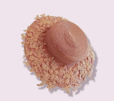 Edwardian Fairycore Straw Hat. Hand Sewn Rose Quartz 