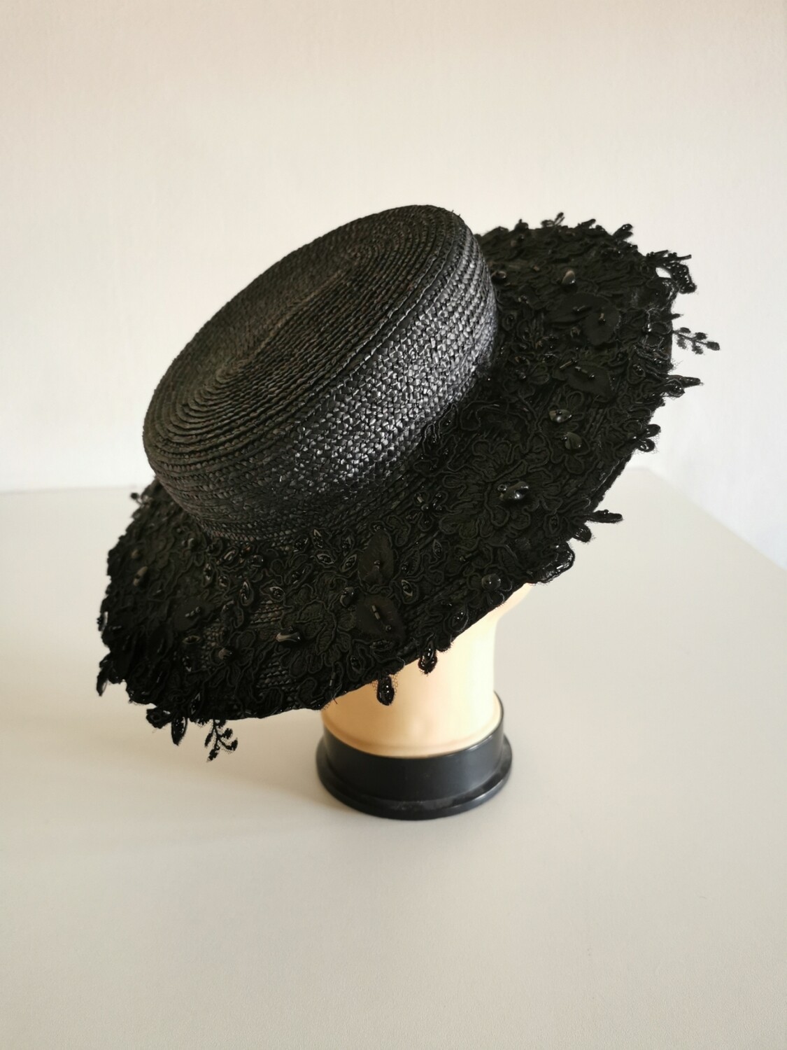 Edwardian Style Black Straw Hat. Hand Sewn Obsidian Gemstones 