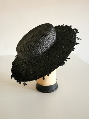 Edwardian Style Black Straw Hat. Hand Sewn Obsidian Gemstones 