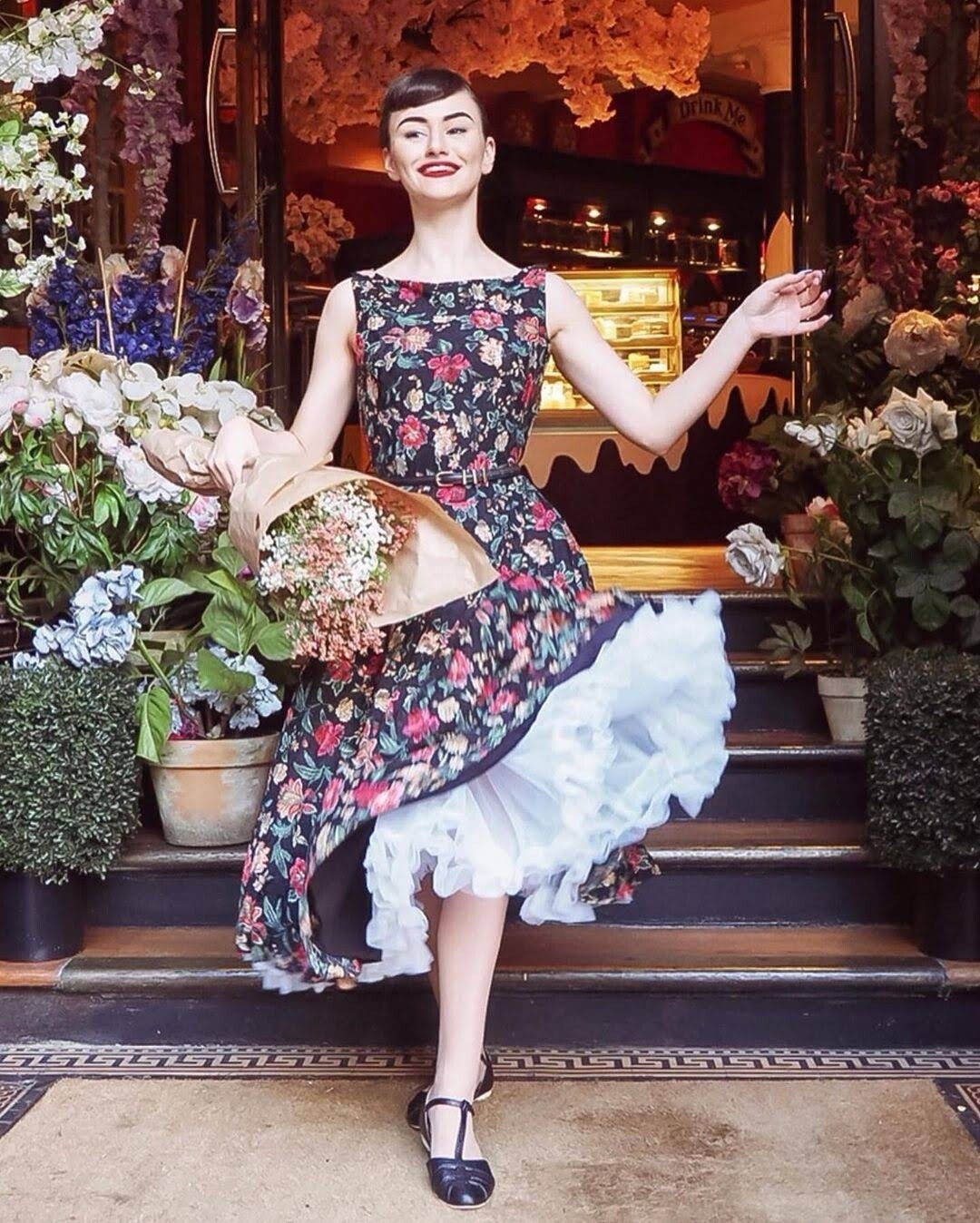 60s Inspired Lace Boat Neck Audrey Hepburn Floral Dress