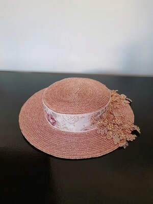 Carnelian Mini Straw Hat. Hand Sewn, Hand Dyed and Hand Beaded 