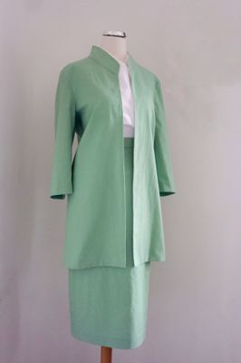 Grace Kelly Rear Window Inspired Set: Versatile Celadon Green I-Line Suit &amp; White Halterneck Blouse