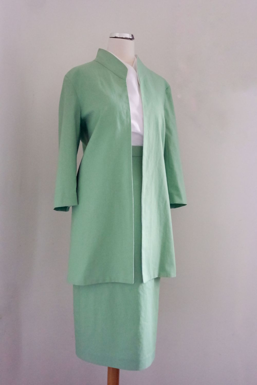 Grace Kelly Rear Window Inspired Set: Versatile Celadon Green I-Line Suit &amp; White Halterneck Blouse