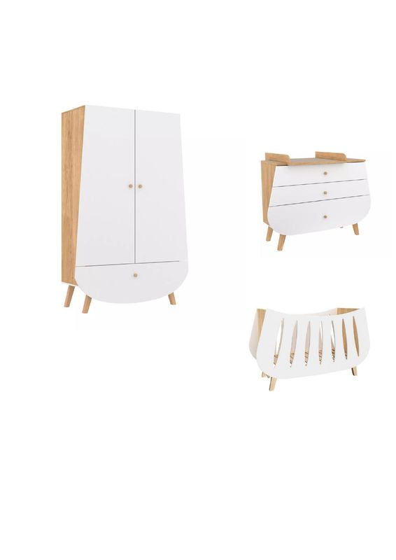 Complete slaapkamer babybed commode en kledingkast Trapeze wit/hout
