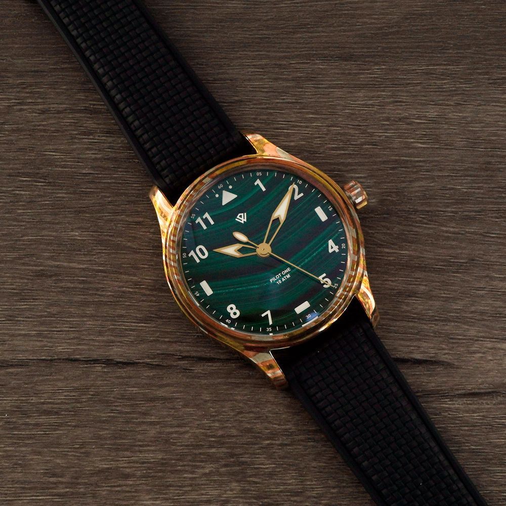 PRE ORDER Anniversary Flieger Watch by Wicked Watch Mokume Gane Malachite
