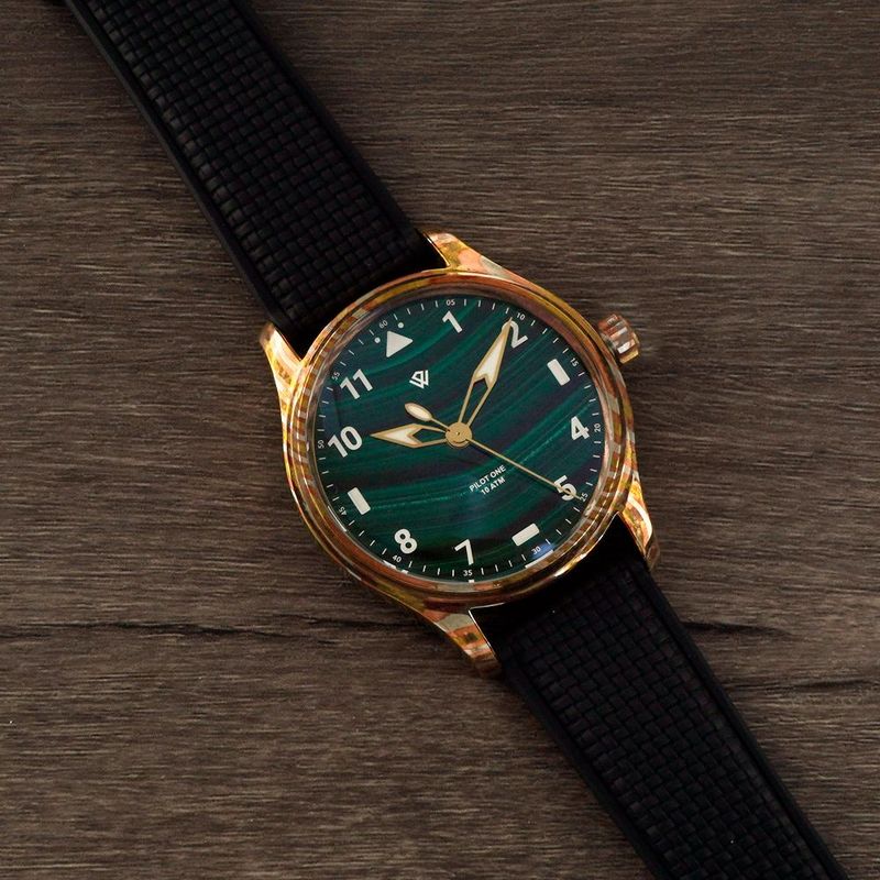 PRE ORDER Anniversary Flieger Watch by Wicked Watch Mokume Gane Malachite