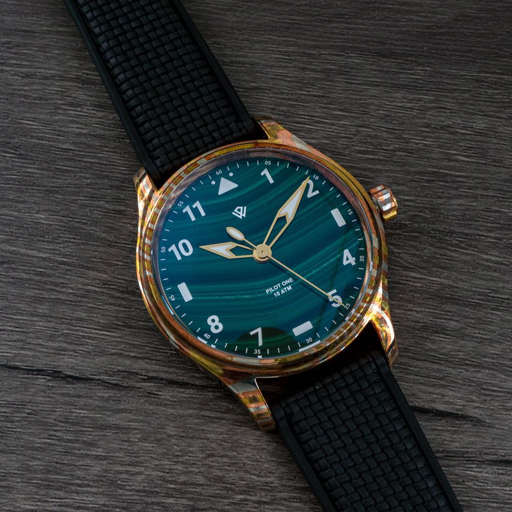 Polished Mokume Gane & Malachite — Flieger (40 mm) | WICKED WATCH