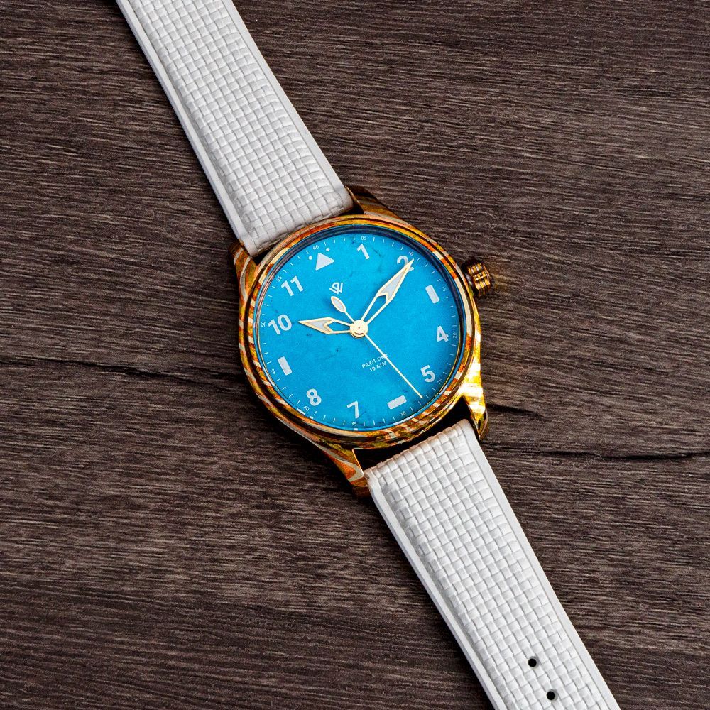 PRE ORDER Anniversary Flieger Watch by Wicked Watch Mokume Gane Turquoise