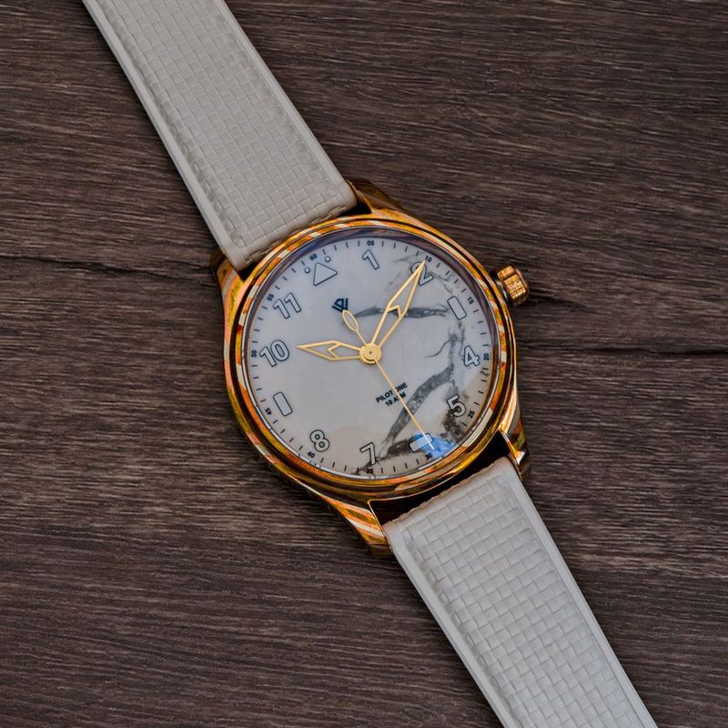 PRE ORDER Anniversary Flieger Watch by Wicked Watch Mokume Gane White marble