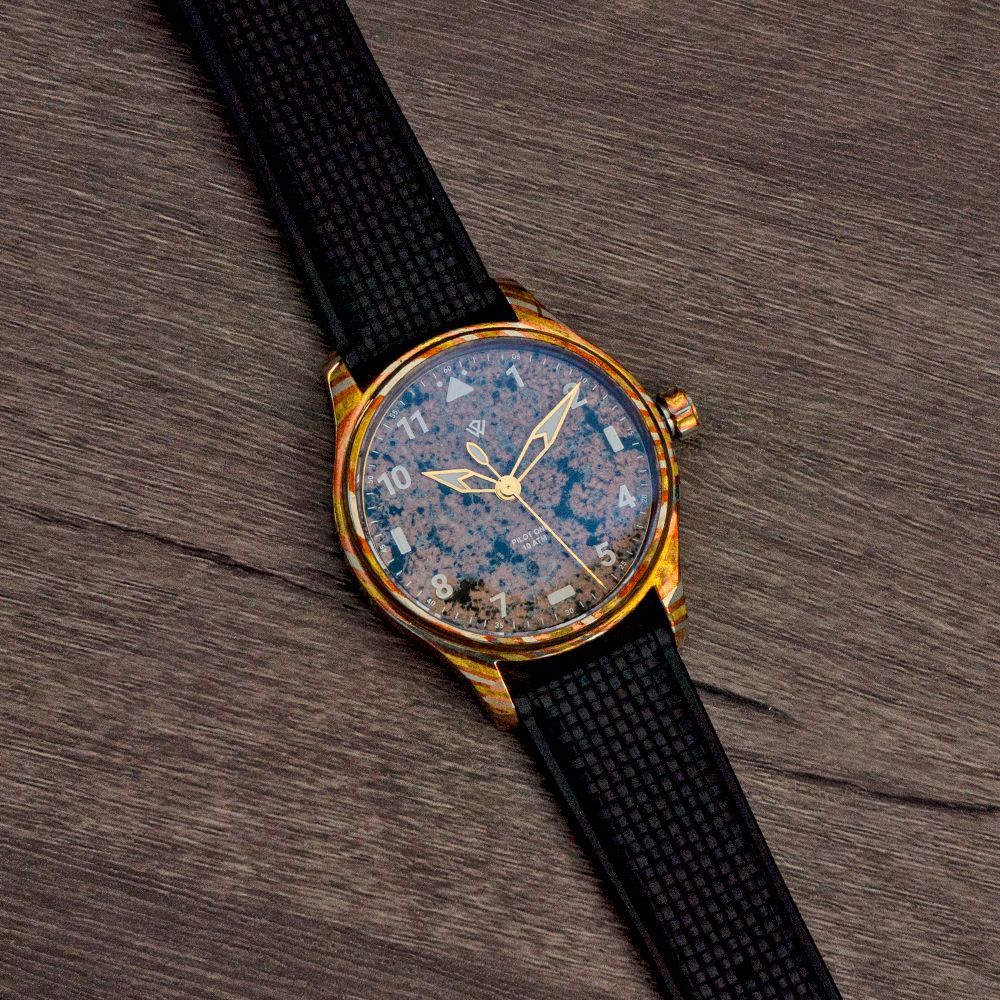 PRE ORDER Anniversary Flieger Watch by Wicked Watch Mokume Gane Flower Granite