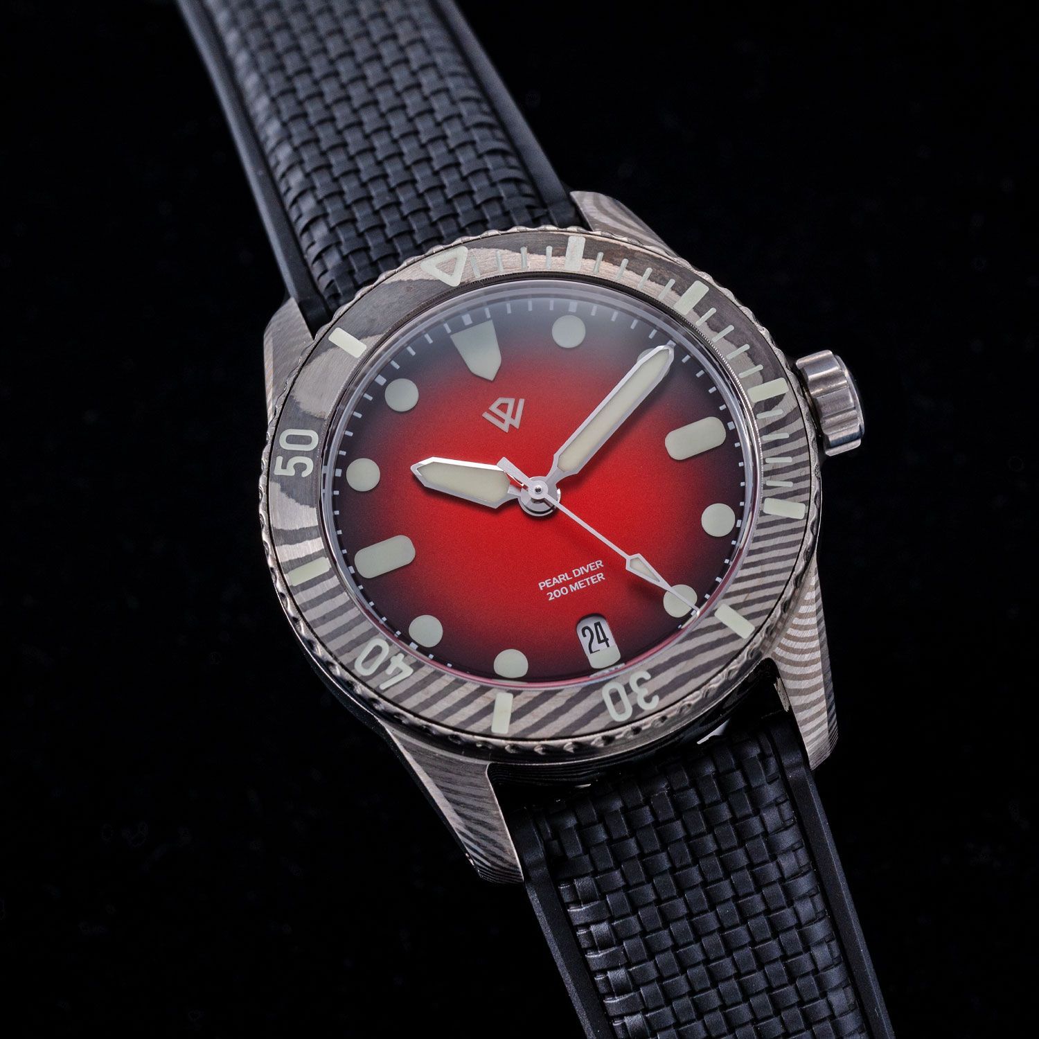 US STOCK Swiss Made Damascus steel 37 mm Red SW200-1 b No date US STOCK Swiss Made Damascus steel 37 mm Red SW200-1 b No date