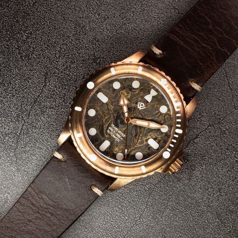Front view of Swiss Made Bronze Pearl Diver with Phoenix dial, C3 green lume, no date configuration