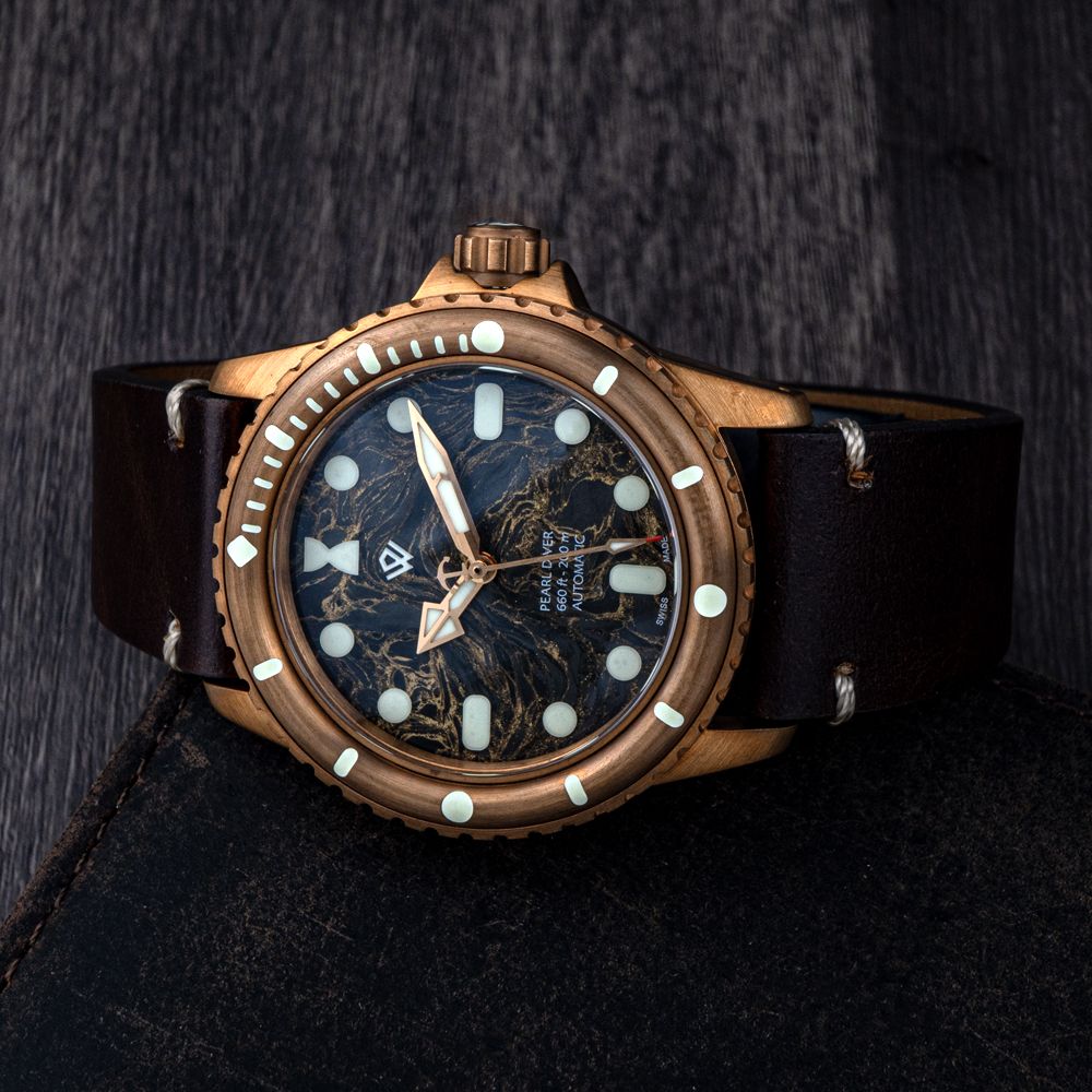 Front view of Swiss Made Bronze Pearl Diver with Phoenix dial, C3 green lume, no date configuration