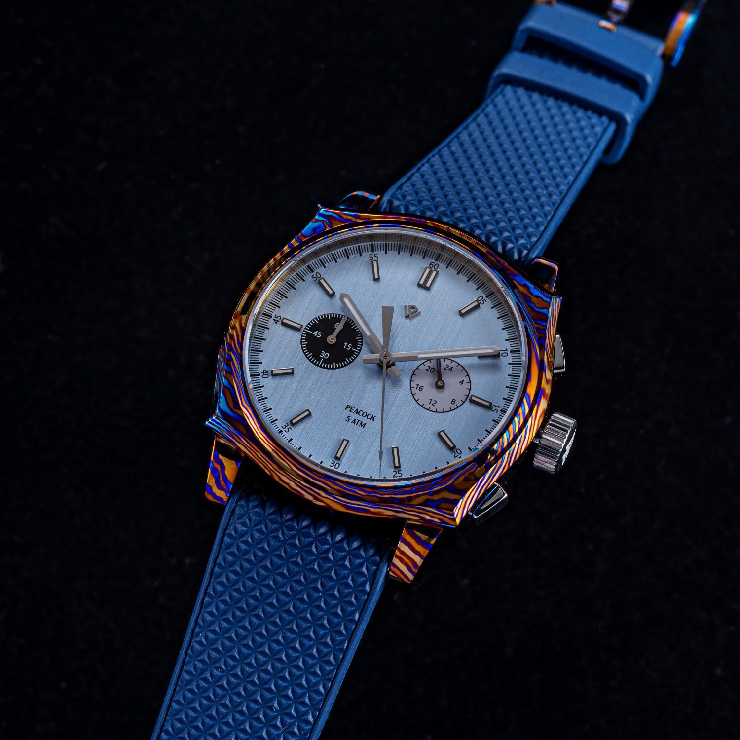 Peacock Timascus Chronograph - Ice Blue Brushed VK64A Peacock Timascus Chronograph - Ice Blue Brushed VK64A