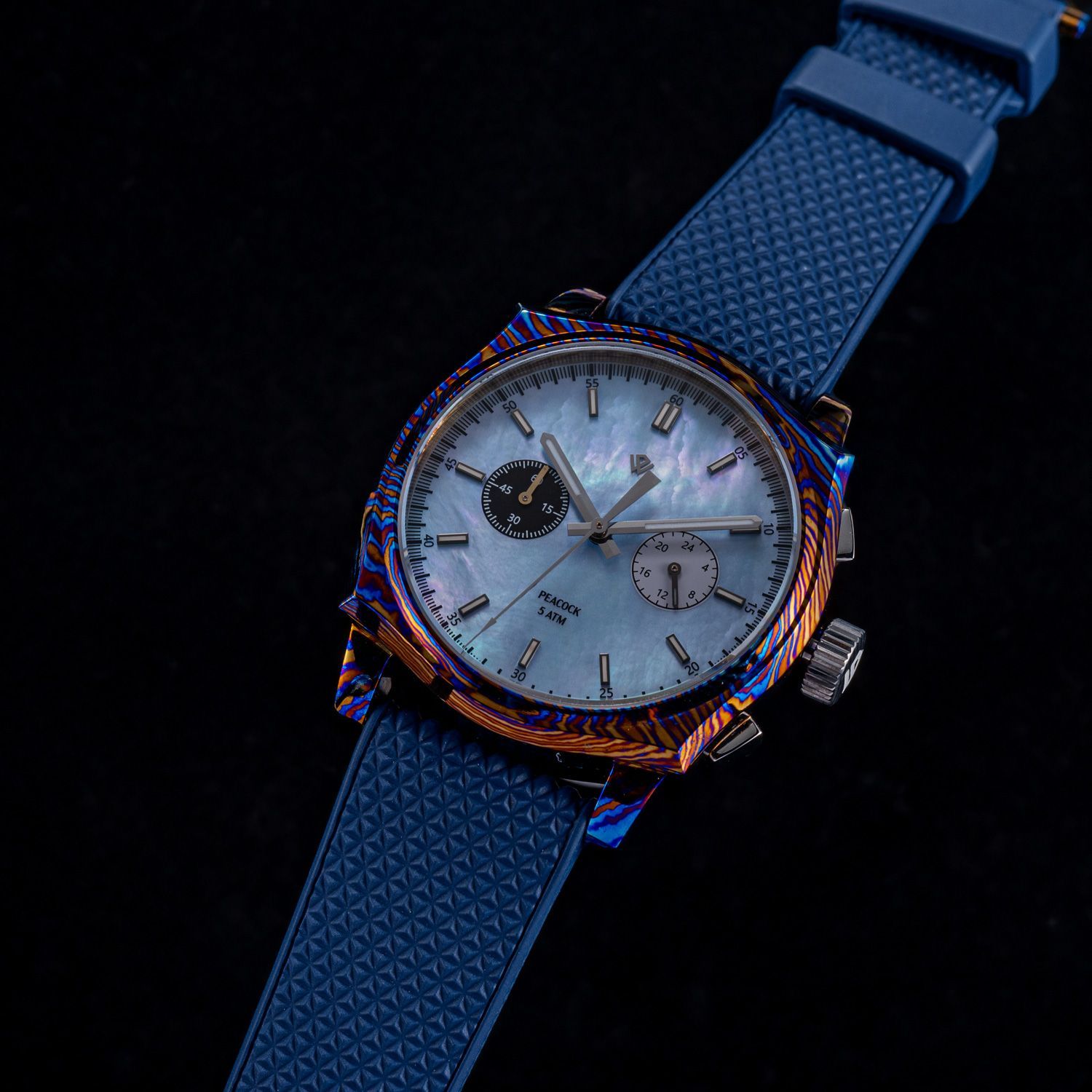 Peacock Timascus Chronograph - Ice Blue MOP VK64A Peacock Timascus Chronograph - Ice Blue MOP VK64A