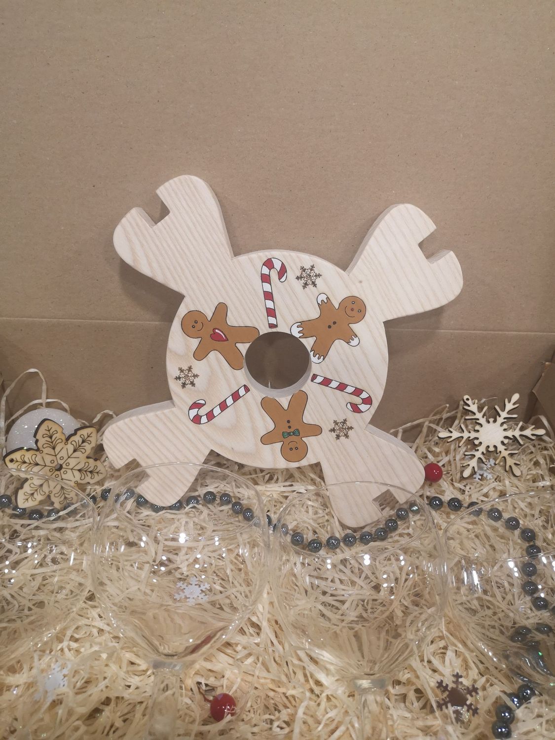 Présentoir à verres (4) de présentation sur bouteille pain d'épices et dessous de plat